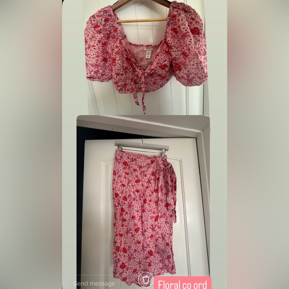 Floral Pink and Red Two-Piece Set co ord linen blend